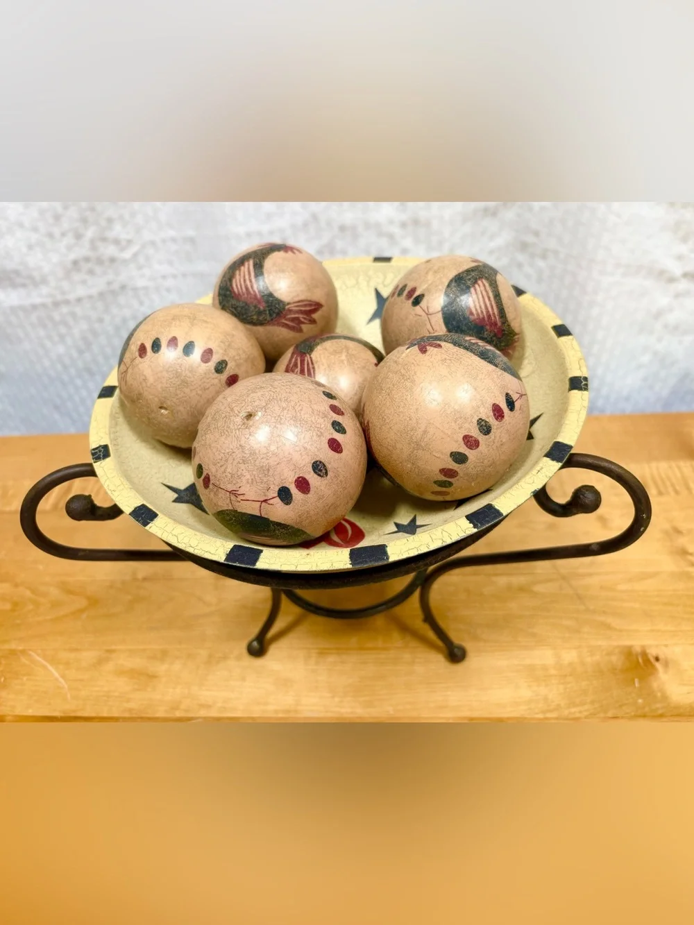 Folk Art Rooster Decorative Bowl - Cream, Navy & Red
